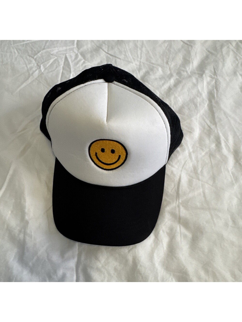 Smiley Face Trucker Hat Black & White One Size Nap Back